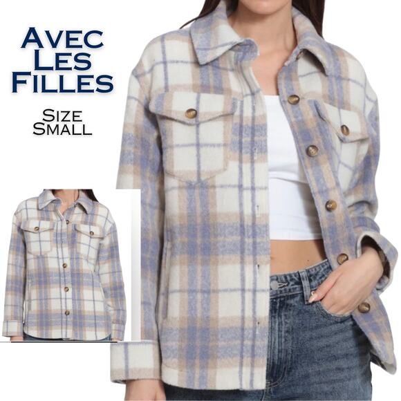 Avec Les Filles Blue Tan Cream Plaid Thick Button Down Shacket Jacket Size Small - Picture 1 of 11